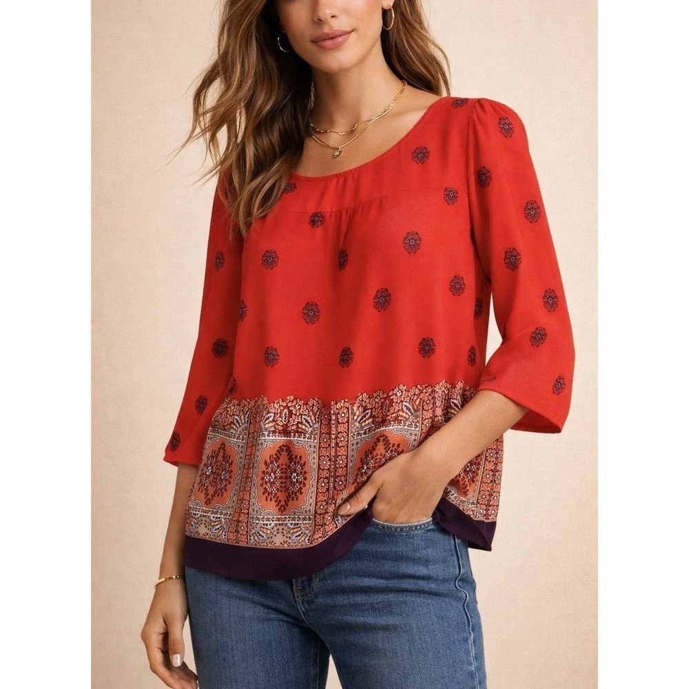 Maeve Anthropologie‎ Medallion Blouse Sz 0 Red Boho Border Print Top Flowy Chic